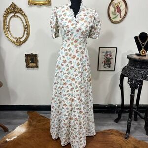 Vintage 1970s Floral Prairie Maxi Dress with Lace Trim – XS – Vicki Birckholtz